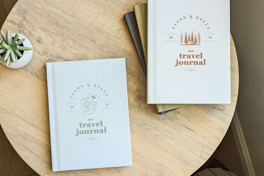 Personalized Travel Journal Customized with Name and title in multiple colors from Nuts & Bolts Paper Co