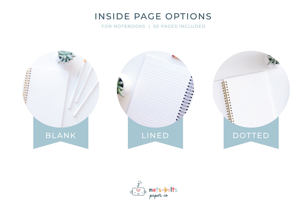 inside page options, choose from blank, lined or dotted for your spiral bound notebook