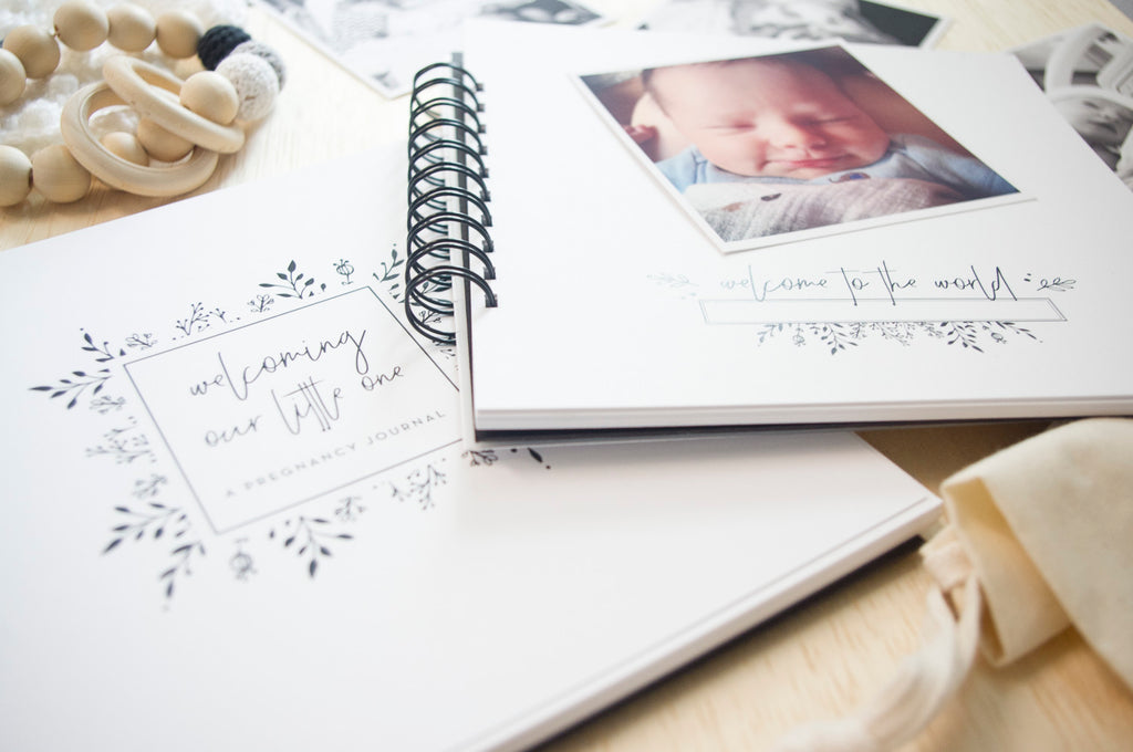 minimalist black and white baby memory book, baby milestone book, baby's first year and beyond book, baby journal, baby keepsake gift set